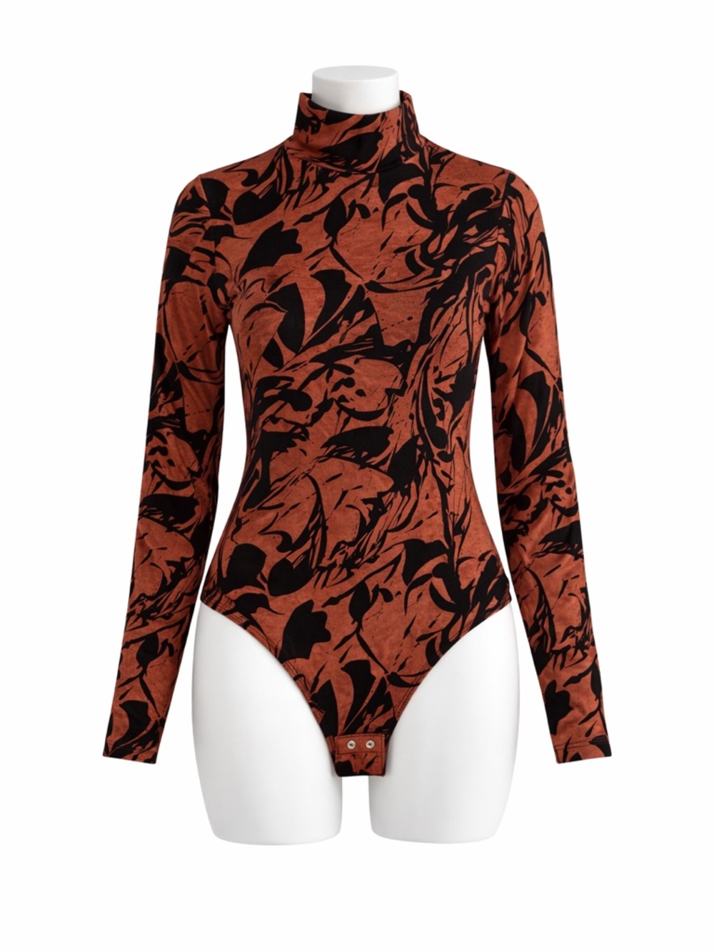 A New Day Size Large Long Sleeve Turtleneck Bodysuit Rust Brown Black Print